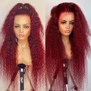 Red Colored Deep Wave T part Lace Frontal Wig Brazlian YOMI