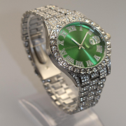 Unisex Micro Crystal Pointer Time Indicators Wristwatches Stainless Steel Green Dial Analog Quartz Number Watch