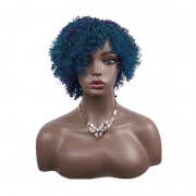 Perruque euro - américaine moelleux petit rouleau dégradé bleu boucles courtes tête explosive femme africaine chimio Fiber Head Cover，Meches, perruque, greffes