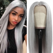 Perruque Lace Front Wig gris argenté en fibre chimique cheveux longs et lisses en soie à haute température crochet demi-main meches perruque greffes
