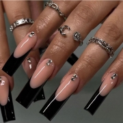 M179 Modèle diamant français noir nail Art Wear Long Flame Love Nails Patch pour faux patchs ongles