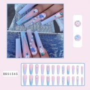 BKS1545 style français dégradé bleu nail Art Wear Long Flame Love Nails Patch pour faux patchs ongles