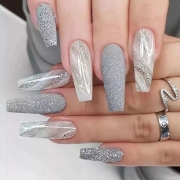 BKS1631 marbre argent pailleté nail Art Wear Long Flame Love Nails Patch pour faux pour les patchs ongles
