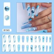 B1565 papillon bleu nuage nail Art Wear Long Flame Love Nails Patch pour faux patchs ongles