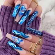 BKS1470 coeur d'amour bleu flamme diamant nail Art Wear Long Flame Love Nails Patch pour faux patchs ongles
