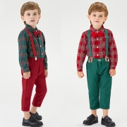 Vêtements de Noël pour enfants nouveau garçon Plaid manches longues revers coton cardigan bretelles pantalon ensemble de vacances Robes Vêtements pour enfants