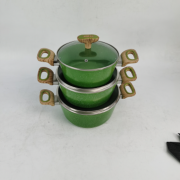 【A0000456】6PC Squeeze Soup Pot with Double Bottom Wood Grained Handle and Butter Fruit Green 20.22.24CM