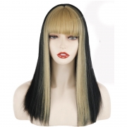 teintée à frange blonde pour femmes  Meches perruque avec des cheveux longs et raides couvre-chef en fibre chimique greffes perruque