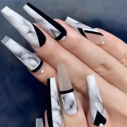 BKS1521 Vernis à ongles français noir et blanc style diamant pour ongles longs des de manucure pour faux patchs ongles