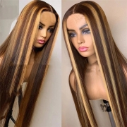 Perruque pour femmes mode européenne et américaine dégradé de couleur raie au milieu mis en évidence cheveux longs raides brun or fibre chimique meches  perruque greffes