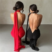 2023 Summer new cross - Border femmes sexy dos nu pendaison cou sac hanches Slim robe de Soirée Robe Femme Robes Fournitures de mariage